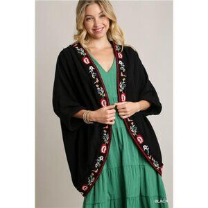 ✨NWT Umgee Embroidery Open Front Kimono‎ with Pleated Shoulder Detail